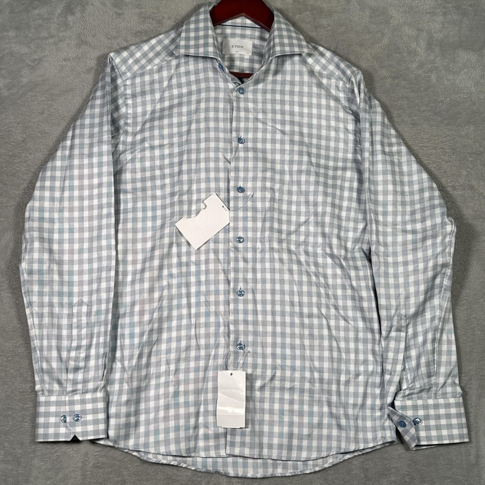 Eton Shirt Mens 15.5 39 Blue Gingham Slim Fit Dress Long Sleeve Button Front